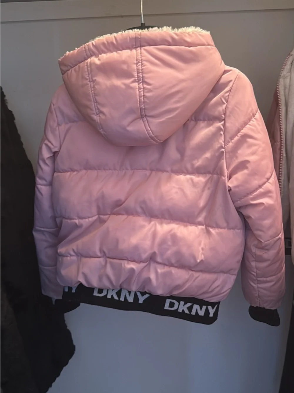 DKNY Girls Light Pink Quilted Puffer Jacket with Faux Fur Hood